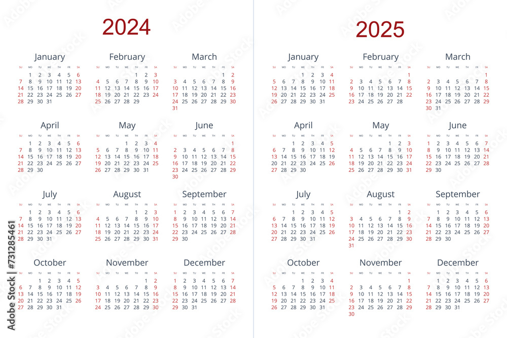 Quarter calendar template for 2024, 2025 year. Wall calendar grid in a