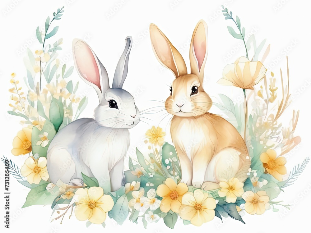 Obraz premium easter bunnys with flowers Watercolor art. Good for postcards, poster, kid's room, story book and canvas, Generative AI 