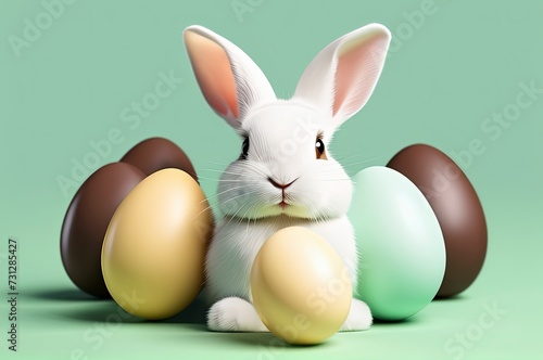 Easter bunny and eggs Isometric Green color background Good for postcards, banner, poster, kid's room, story book and canvas, Generative AI