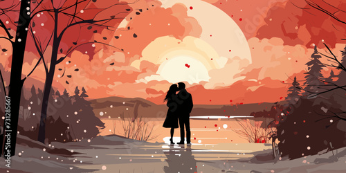 couple in love woman and man kissing outside in winter snow fall romantic cute vector character