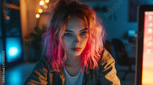 A young and vibrant graphic designer, in her mid-20s, captivates with her look of focused imagination. With her trendy, colored hair, she oozes creativity and innovation. Get inspired by her