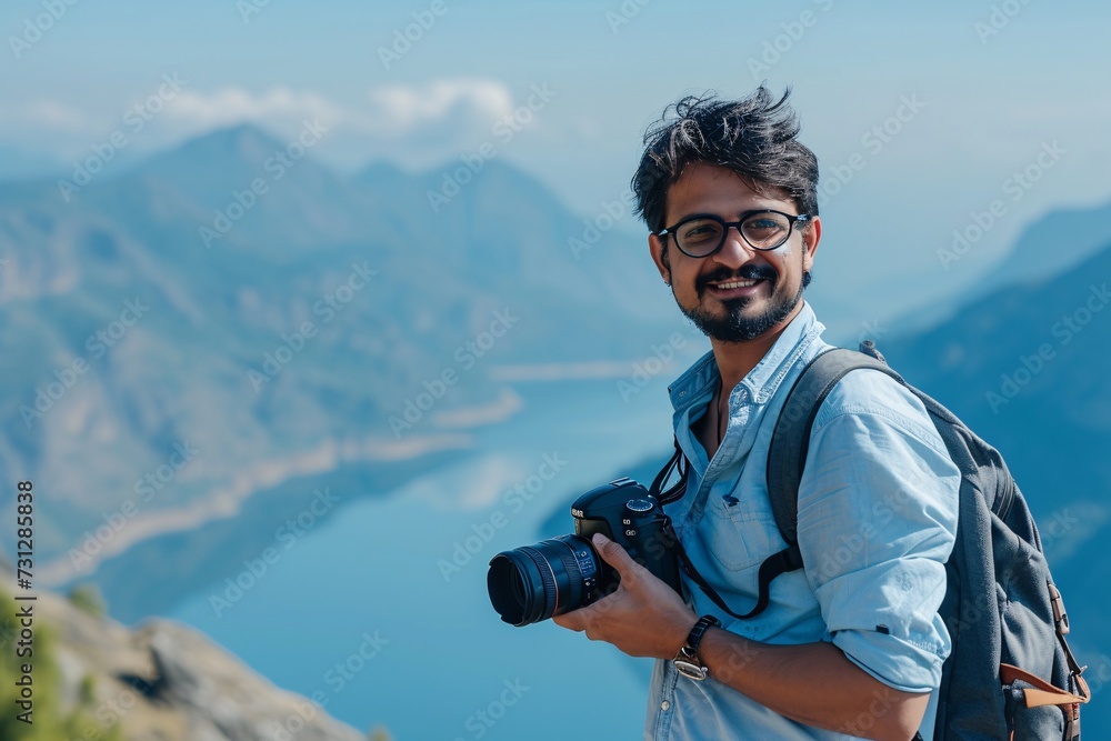 Fototapeta premium Travel photogrrapher on a top of a mountain and enjoying the view