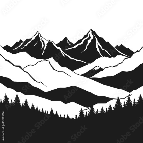 Black and white illustration of majestic mountain peaks with a forest silhouette in the foreground.