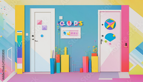 Different colorful and artistically with shapes and colors designed doors in a graphically designed illustration