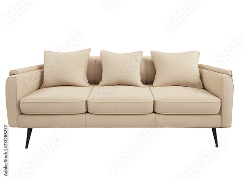 Three-seater leather sofa with Nordic-style cream-colored cushions, isolated without background in PNG format