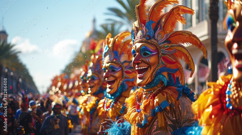 Vibrant snapshots capturing elaborate floats and costumed revelers during Mardi Gras celebrations
