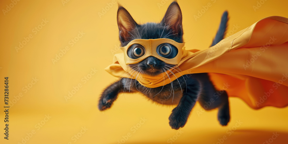 Superhero Kitty in Flight. A charming funny kitten with superhero cape and mask , embodying whimsy and adventure, copy space. Superhero Kitty in Flight. A charming funny kitten with superhero cape and mask , embodying whimsy and adventure, copy space.
