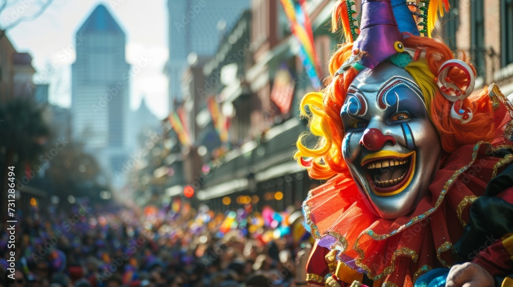 Fototapeta premium Vibrant snapshots capturing elaborate floats and costumed revelers during Mardi Gras celebrations