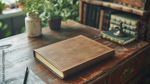 A luxurious deluxe hardcover journal is showcased on a vintage writing desk, its pristine cover offering endless possibilities for creativity and inspiration. The image captures the essence