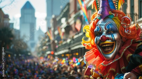 Vibrant snapshots capturing elaborate floats and costumed revelers during Mardi Gras celebrations photo