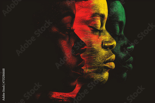 Black History Month background. African-American people face in profile in red yellow green colors on black background. Juneteenth freedom day. Racial equality, freedom, human rights day photo