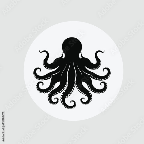 Silhouette of an octopus with eight tentacles in a circular frame, set against a light background.