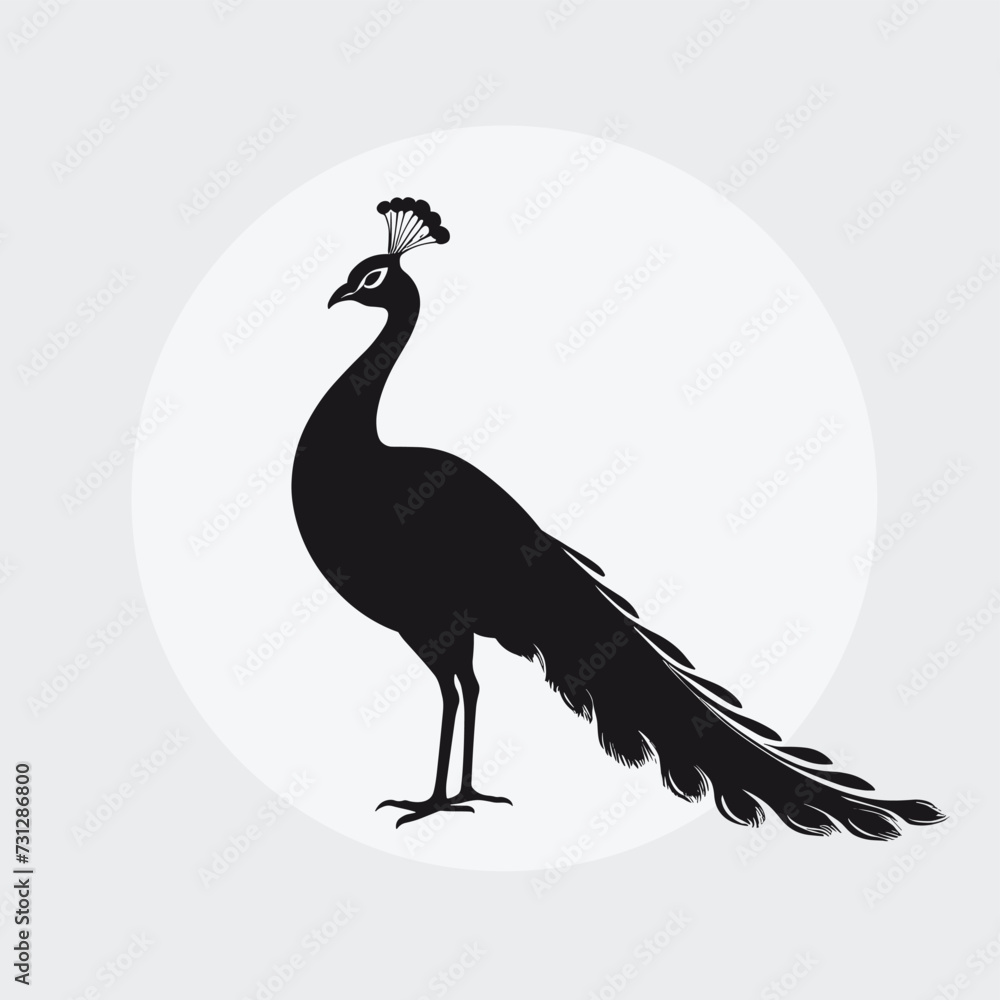 Elegant silhouette of a peacock with a prominent plume against a circular backdrop, symbolizing grace and beauty. Elegant silhouette of a peacock with a prominent plume against a circular backdrop, symbolizing grace and beauty.