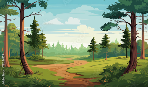Forrest landscape with grass and lots of trees, nature inspired vector illustration