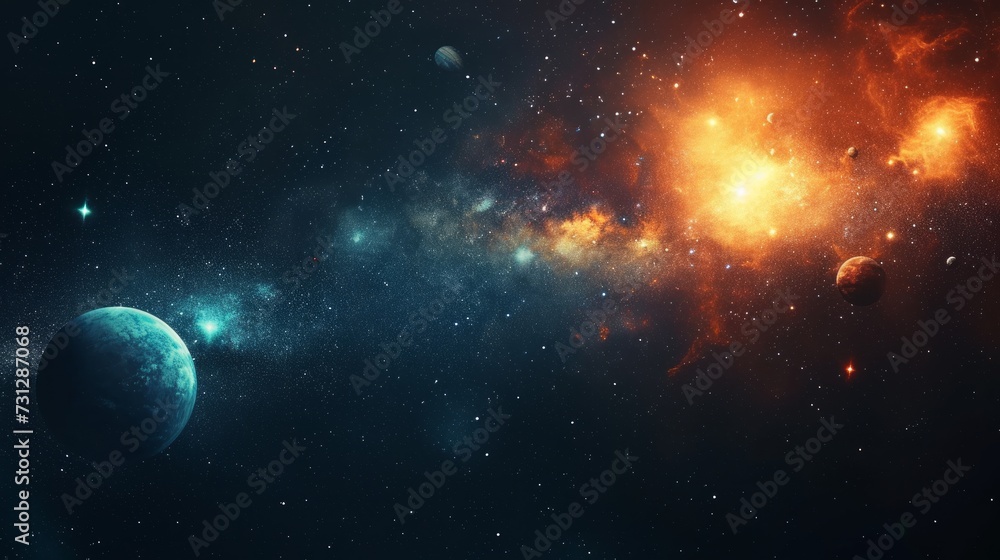 Naklejka premium Dark backdrop with minimalistic stars and planets, evoking a cosmic ambiance