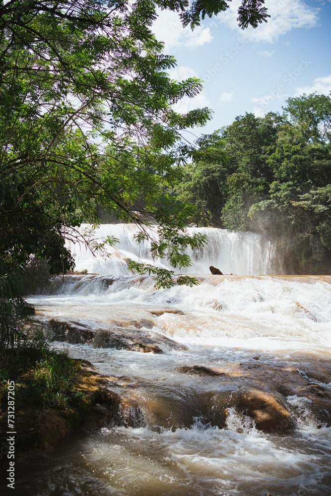 Naklejka premium Vertical shot of Agua Azul waterfalls in Chiapas, Mexico.