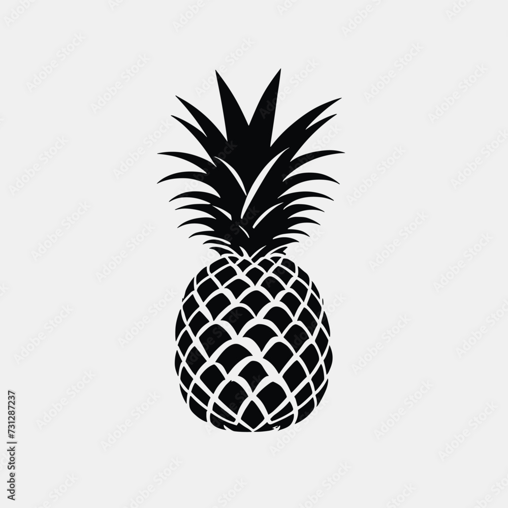 Black and white silhouette of a pineapple with intricate details on a plain gray background. Black and white silhouette of a pineapple with intricate details on a plain gray background.