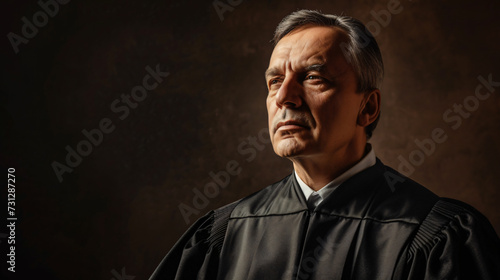 A seasoned and commanding judge in his 50s exudes an air of both fairness and stern authority. With impeccably coiffed hair and clad in a traditional judge's robe, he commands attention and