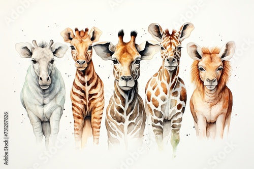 Group of African safari animals together and Cute safari wildlife animal with giraffe, lion, elephant, lion, zebra, tiger © pixeness