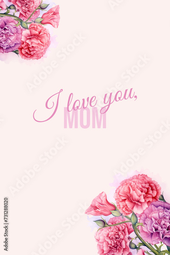 Delicate carnations bloom against a vector watercolor background, creating a warm card filled with love for mom