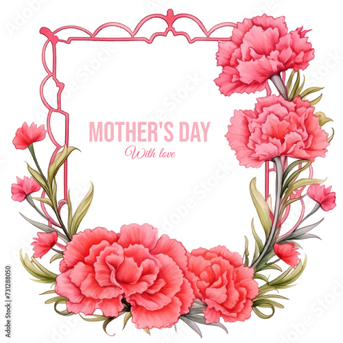 Delicate carnations bloom against a vector watercolor background, creating a warm card filled with love for mom