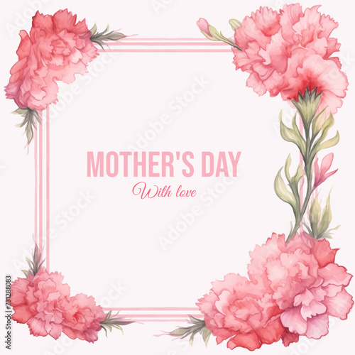 Delicate carnations bloom on a vector watercolor card, embodying love and warmth for the dearest mom