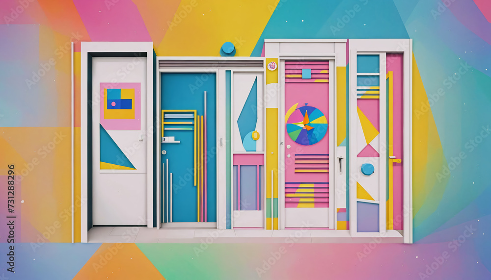 Different colorful and artistically with shapes and colors designed doors in a graphically designed illustration - obrazy, fototapety, plakaty 
