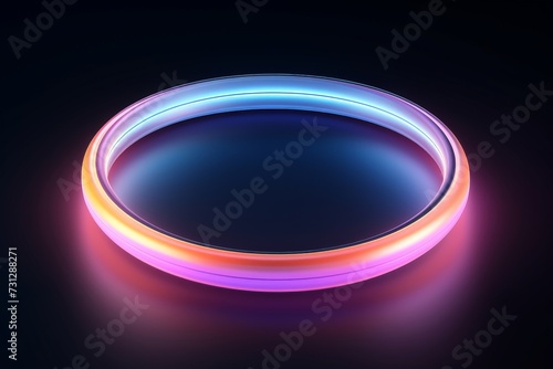 Abstract geometric background of neon linear ring glowing in the dark. Minimalist futuristic wallpaper