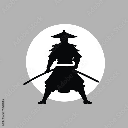 Silhouette of a samurai warrior in traditional attire, brandishing dual swords against a circular white background.