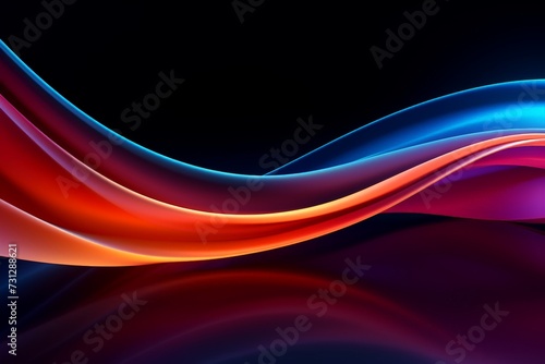 Abstract panoramic background of twisted dynamic neon lines glowing in the dark room with floor reflection. Virtual fluorescent ribbon loop. Fantastic minimalist wallpaper © andrius strumyla