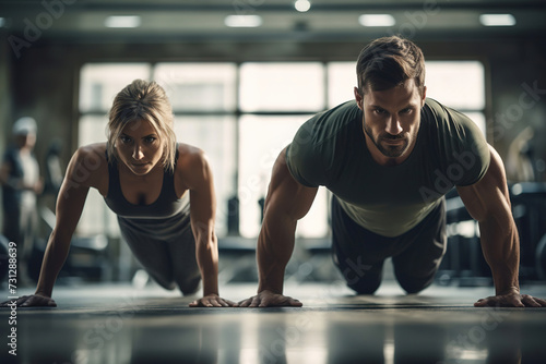 sporty couple doing push-ups from the floor.