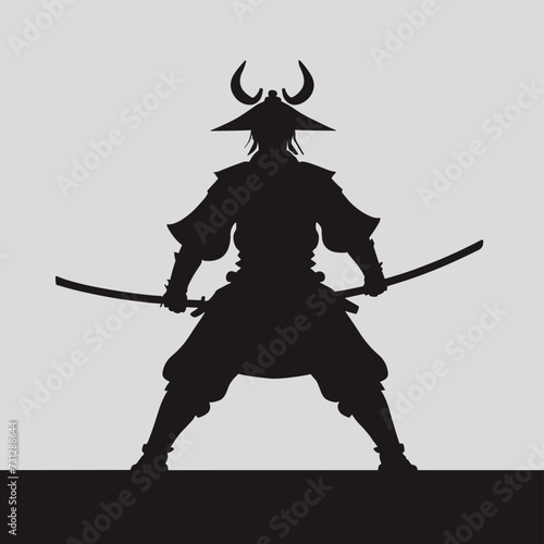 Silhouette of a samurai warrior poised with swords, exuding strength and readiness against a light background.