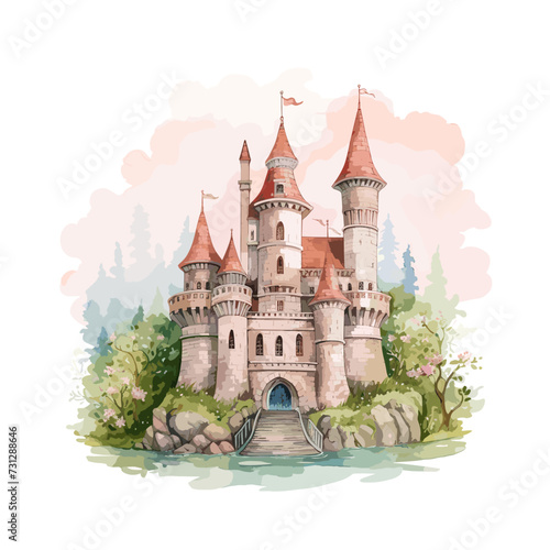Watercolor beauty Fairytale Castle clipart for graphic