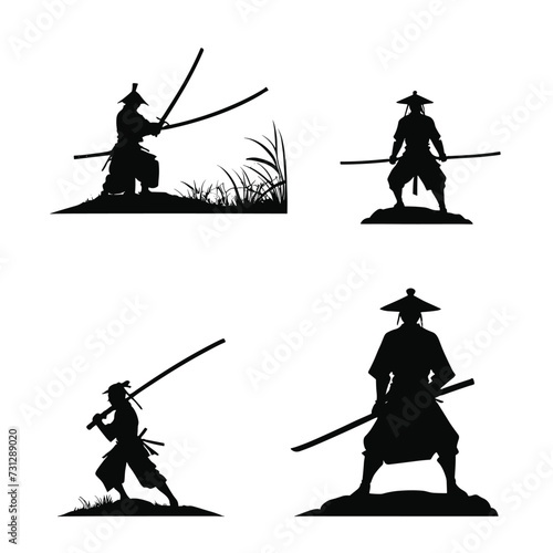 Silhouettes of samurai warriors in various poses, showcasing traditional stances and weaponry in an artistic style.