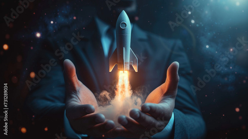 Conceptual image of a businessman with open hands presenting a rocket launch, symbolizing startup, innovation, and entrepreneurship.