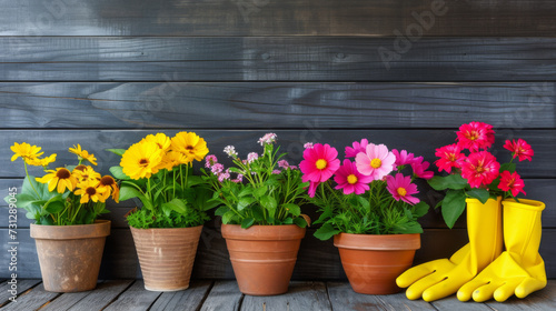 collection of flowering plants in terracotta pots arranged on a dark wooden deck