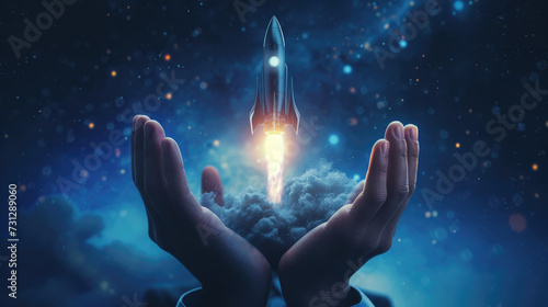 A conceptual image of two hands gently cradling a rocket as it launches into the starry cosmos, symbolizing support and launch of a new venture or idea.