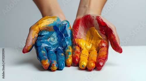 Hands covered in colorful paint, creating playful and abstract pattern. AI generate illustration