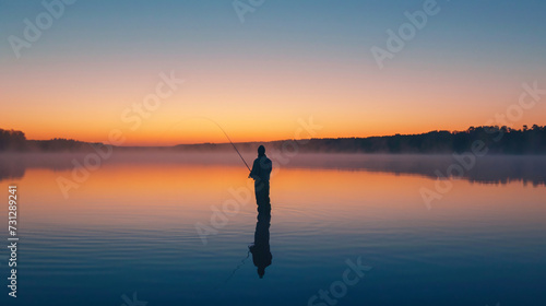 A peaceful moment captured as a skilled fisherman casts his line into a calm lake at sunrise, surrounded by the tranquil beauty of nature.