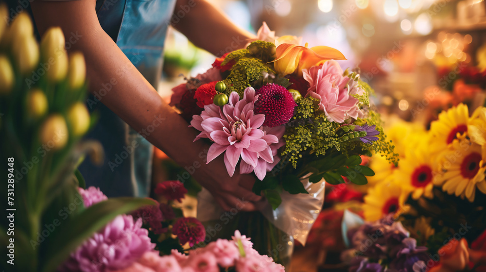 A talented florist meticulously arranges a stunning bouquet of vibrant and fragrant flowers in a charming flower shop, creating a masterpiece that radiates beauty, love, and positivity. The - obrazy, fototapety, plakaty 