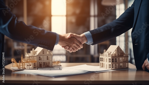 Businessman and engineer shake hands in architectural bureau, close up. Buyer of house shaking hands with seller in dealership. Concept of choosing and buying new home.  photo