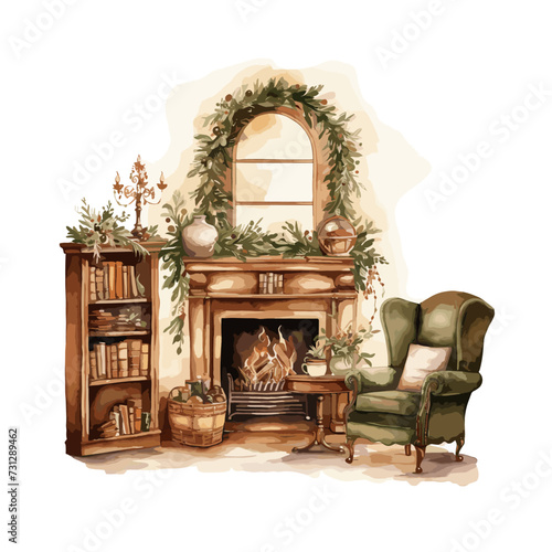Watercolor Cozy Christmas sitting room clipart for graphic resources