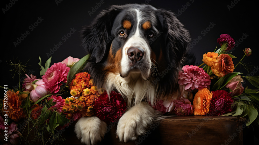 bernese mountain dog with a bouquet of flowers