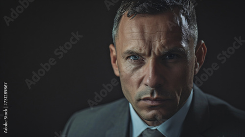 A focused man in his early 50s, with a sharp and determined gaze. He has short, neat hair and wears a tailored business suit, exuding confidence and professionalism. This image captures his