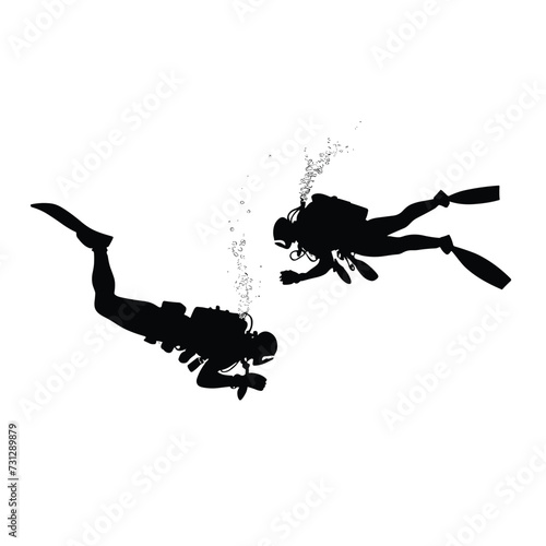 Silhouettes of two scuba divers explore together underwater, surrounded by bubbles, highlighting the sense of adventure and discovery in the marine world.