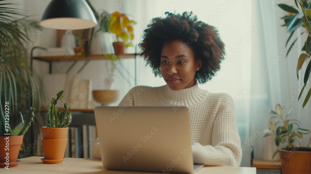 An African-American female student studies a virtual course, takes a web-based distance learning course, looks at a laptop computer An African-American female student studies a virtual course, takes a web-based distance learning course, looks at a laptop computer