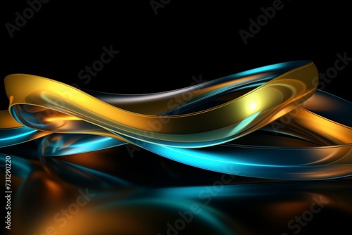 abstract geometric wallpaper of colorful neon ribbon, yellow green blue glowing lines isolated on black background. 