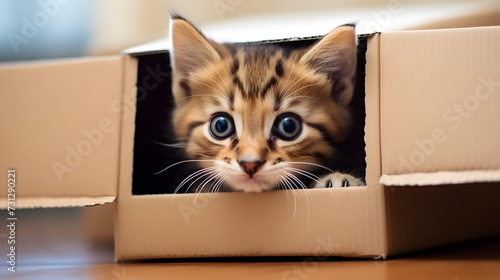 Kitten head peeking from brown cardboard box inside bright room. Cat adoption, shelter, rescue, help for pets. Moving to new home
