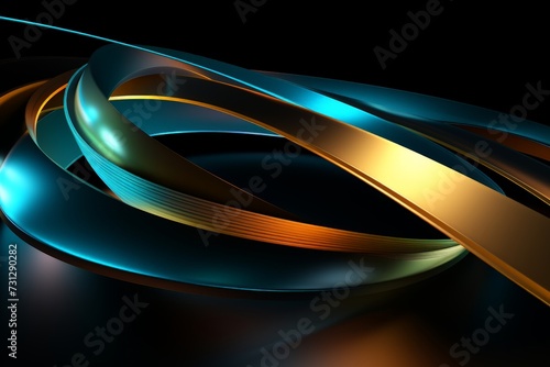 abstract geometric wallpaper of colorful neon ribbon, yellow green blue glowing lines isolated on black background. 