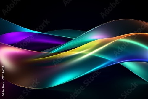 abstract geometric wallpaper of colorful neon ribbon, yellow green blue glowing lines isolated on black background.